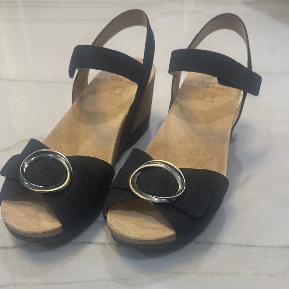 Dansko Black Wedge Sandals with Silver Buckle